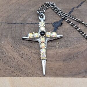 Vintage Silver Tone Aurora Borealis AB Rhinestone Cross Pendant‎ Necklace 18"